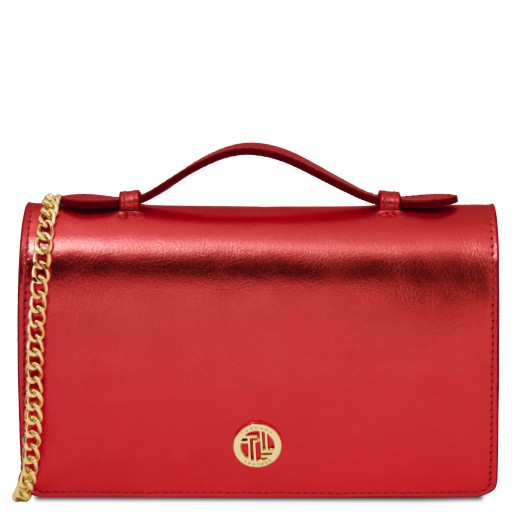 Opera Clutch aus Metallic Leder mit Schulterkette