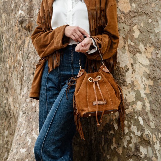 Nomade Suede leather fringe bucket bag