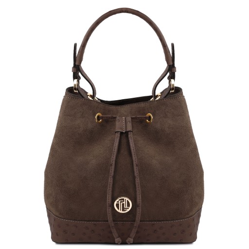 Ostrea Beuteltasche aus Veloursleder und Leder mit Straussenpragung