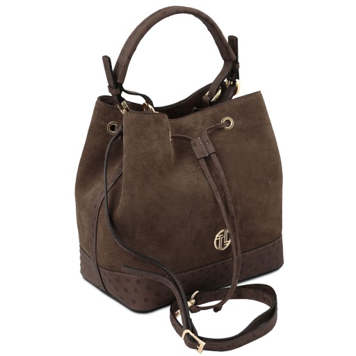 Ostrea Suede and ostrich effect printed leather bucket bag