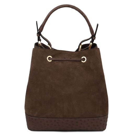 Ostrea Suede and ostrich effect printed leather bucket bag