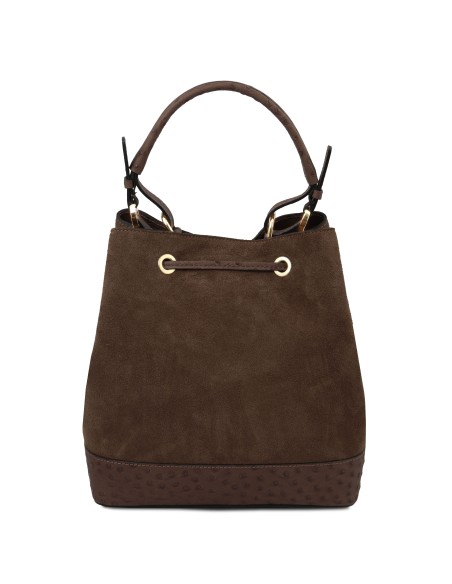 Ostrea Suede and ostrich effect printed leather bucket bag