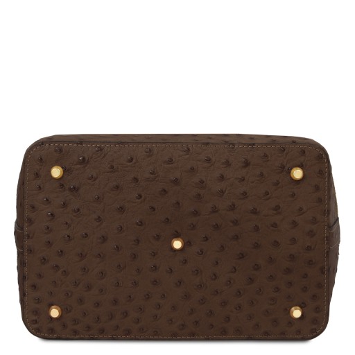 Ostrea Suede and ostrich effect printed leather bucket bag