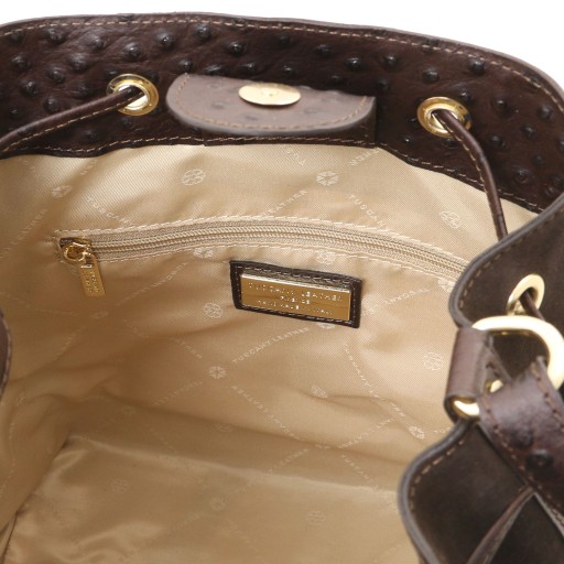 Ostrea Suede and ostrich effect printed leather bucket bag