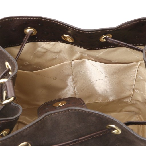 Ostrea Suede and ostrich effect printed leather bucket bag