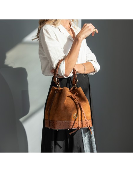 Ostrea Suede and ostrich effect printed leather bucket bag