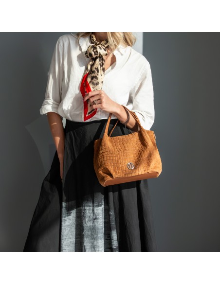 Nora Cocoon Suede leather handbag with croc print