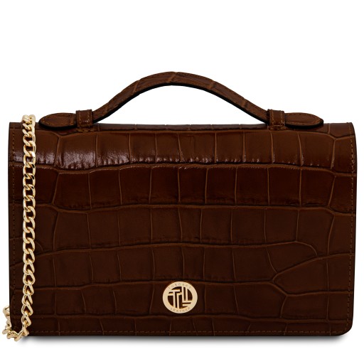 Opera Croque Clutch aus Leder mit Kroko Pragung und Schulterkette