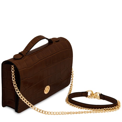 Opera Croque Clutch aus Leder mit Kroko Pragung und Schulterkette