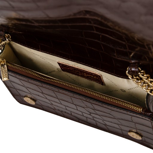 Opera Croque Clutch aus Leder mit Kroko Pragung und Schulterkette