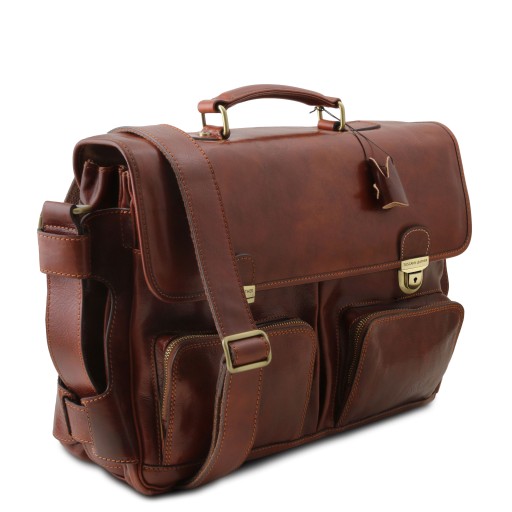 Ventimiglia Leather multi compartment briefcase with front pockets
