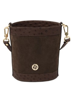 Ostrea Suede and ostrich effect printed leather bucket bag 2
