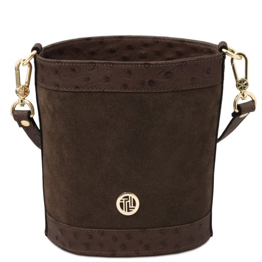 Ostrea Suede and ostrich effect printed leather bucket bag