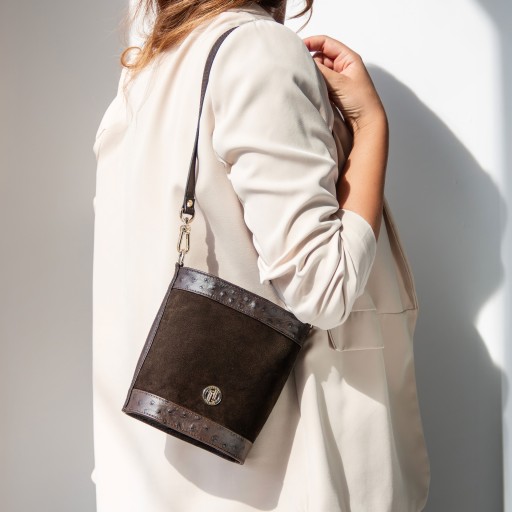 Ostrea Suede and ostrich effect printed leather bucket bag