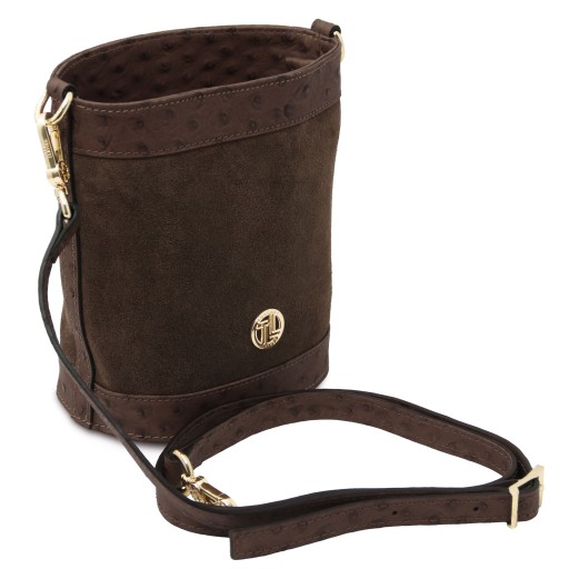 Ostrea Beuteltasche aus Veloursleder und Leder mit Straussenpragung