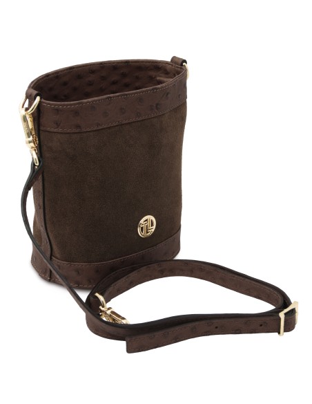 Ostrea Suede and ostrich effect printed leather bucket bag