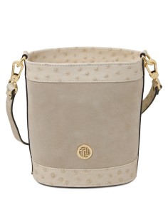 Ostrea Suede and ostrich effect printed leather bucket bag